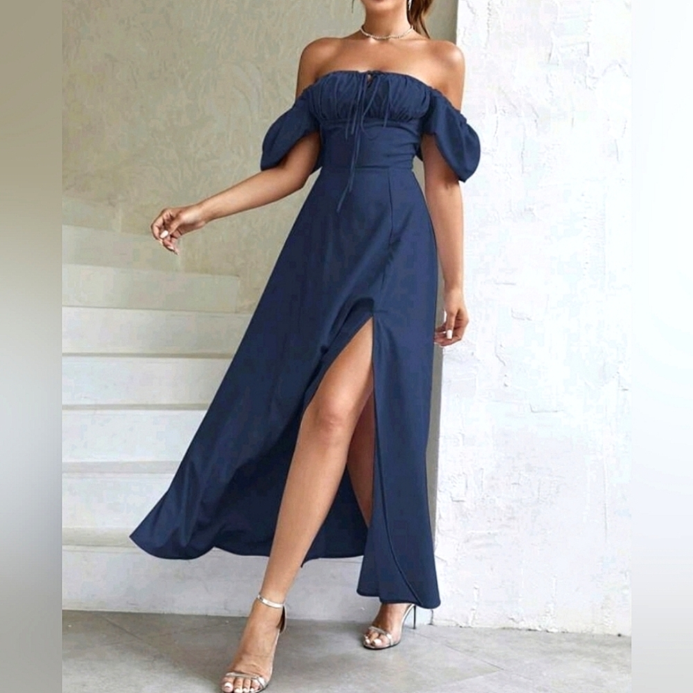 New Vintage Look Tie Ruched Top Split Maxi Dress Navy Blue - Picture 5 of 12